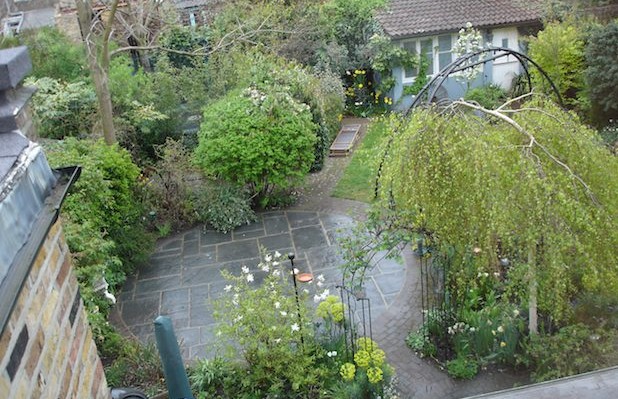 Aerial view of family garden circular patio area by Carol Whitehead garden design