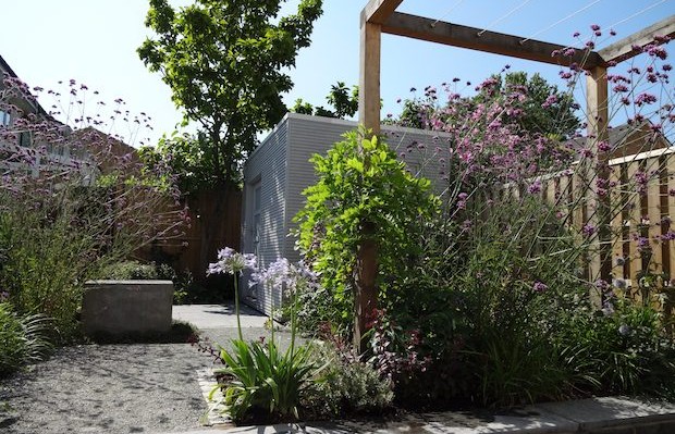 Lush summer planting with contemporary pergola and seat view - Carol Whitehead garden design