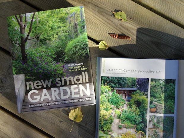 Front cover and open page of New Small Garden book by Noel Kingsbury in which Carol Whitehead designed garden is featured